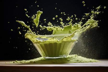 Green matcha tea drink with splash on dark background. Japanese tea ceremony concept. copyspace. AI Generatedの素材