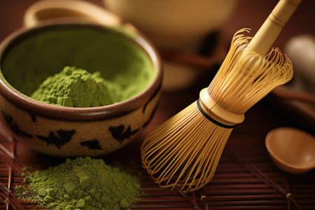 Japanese tea ceremony. Raw Organic Green Matcha Tea in a Bowl, AI Generatedの素材