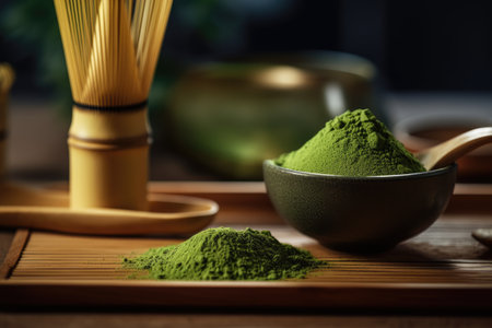 Japanese tea ceremony. Raw Organic Green Matcha Tea in a Bowl, AI Generatedの素材