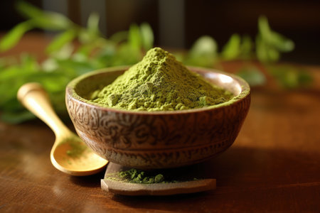 Japanese tea ceremony. Raw Organic Green Matcha Tea in a Bowl, AI Generatedの素材