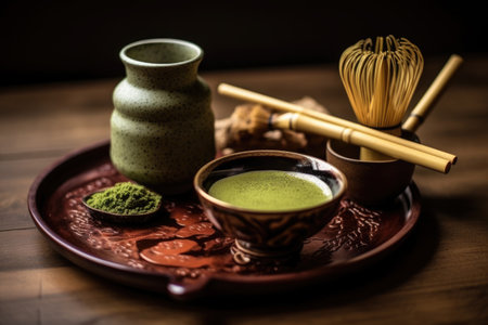 Green matcha tea drink on tray. Japanese tea ceremony concept. copyspace. AI Generatedの素材