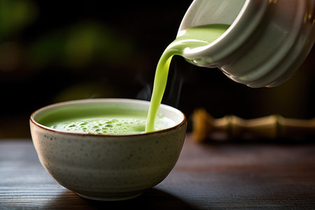 Green matcha tea drink being poured. Japanese tea ceremony concept. copyspace. AI Generatedの素材