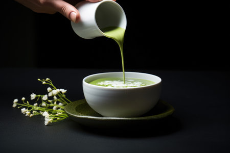 Green matcha tea drink being poured. Japanese tea ceremony concept. copyspace. AI Generatedの素材