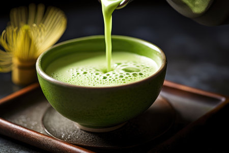 Green matcha tea drink being poured. Japanese tea ceremony concept. copyspace. AI Generatedの素材