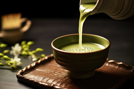 Green matcha tea drink being poured. Japanese tea ceremony concept. copyspace. AI Generatedの素材