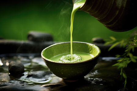 Green matcha tea drink being poured. Japanese tea ceremony concept. copyspace. AI Generatedの素材