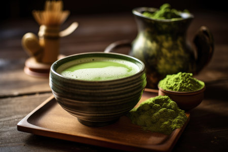 Green matcha latte tea drink. Japanese tea ceremony concept. copyspace. AI Generatedの素材