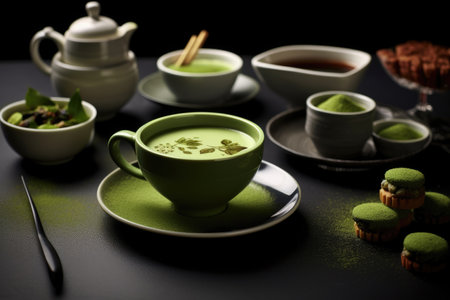 Green matcha latte tea drink. Japanese tea ceremony concept. copyspace. AI Generatedの素材