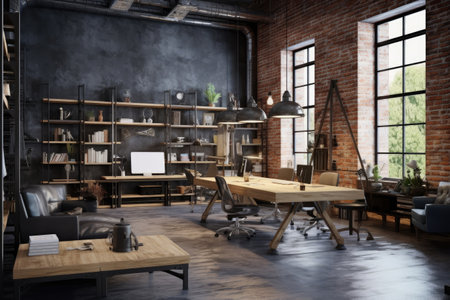 Loft style modern office or co working, gray office interior, AI Generativeの素材