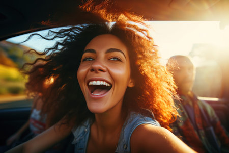 Happy woman enjoying summer vacation on road trip. Cropped shot of a young woman leaning out the window of a car while on a roadtrip, AI Generativeの素材