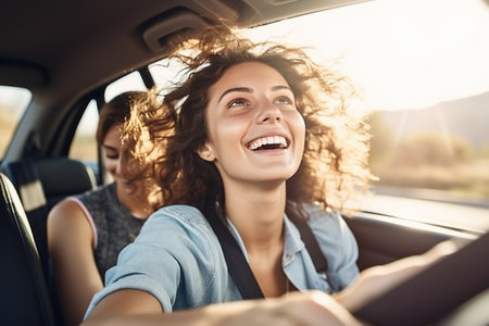 Happy woman enjoying summer vacation on road trip. Cropped shot of a young woman leaning out the window of a car while on a roadtrip, AI Generativeの素材
