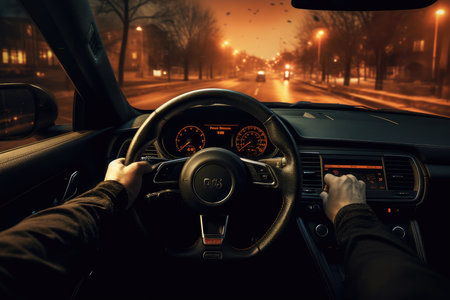 Road trip and vacation. Man driving a car using navigator, back view. AI generative.の素材
