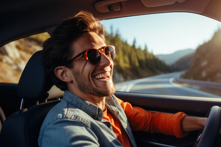 Road trip and vacation. Two friends in car driving on road, having road trip, palm trees around. AI Generativeの素材