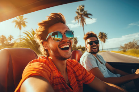 Road trip and vacation. Two friends in car driving on road, having road trip, palm trees around. AI Generativeの素材
