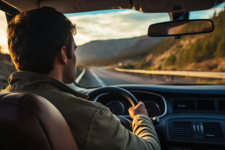 Road trip and vacation. Man driving a car using navigator, back view. AI generative.の素材