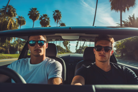 Road trip and vacation. Two friends in car driving on road, having road trip, palm trees around. AI Generativeの素材