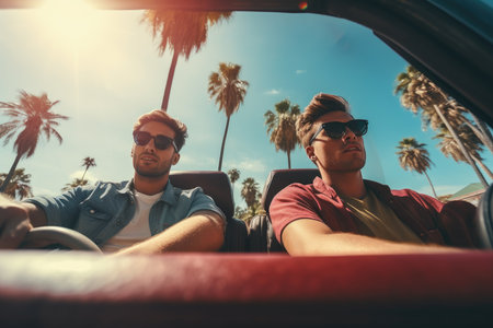 Road trip and vacation. Two friends in car driving on road, having road trip, palm trees around. AI Generativeの素材