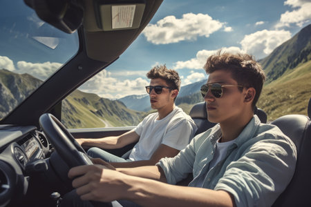 Road trip and vacation. Two friends in car driving on road, having road trip, palm trees around. AI Generativeの素材