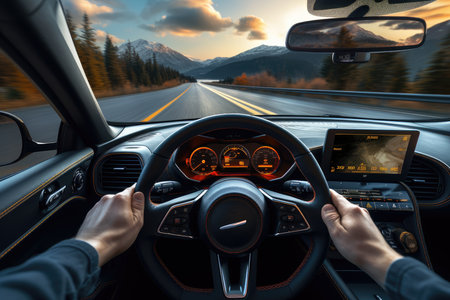 Road trip and vacation. Man driving a car using navigator, back view. AI generative.の素材