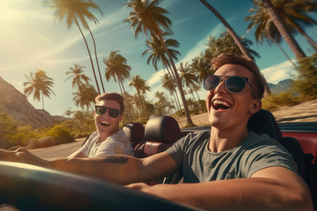 Road trip and vacation. Two friends in car driving on road, having road trip, palm trees around. AI Generativeの素材