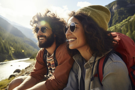 Road trip and vacation. Two friends in car driving on road, having road trip, palm trees around. AI Generativeの素材