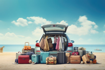 Road trip and vacation. Pile of luggage bags near the car on the beach , AI Generated.の素材