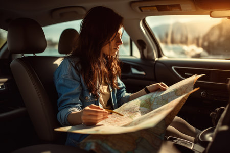 Travel, vacation and road trip. Woman traveling alone sitting in car with map, AI Generated .の素材