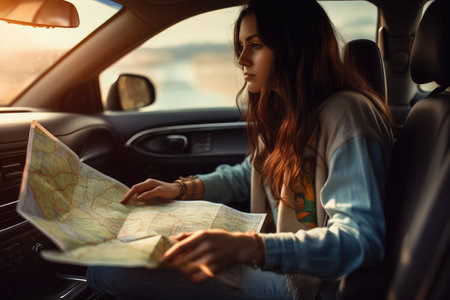 Travel, vacation and road trip. Woman traveling alone sitting in car with map, AI Generated .の素材