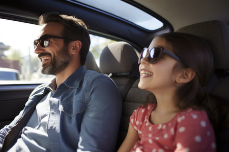 Road trip and vacation. Happy family of father and children in car driving on road, having road trip. AI Generativeの素材