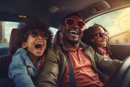 Road trip and vacation. Happy african american family of father and children in car driving on road, having road trip. AI Generativeの素材