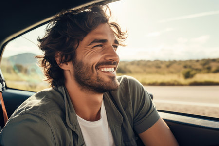 Travel, vacation and road trip. Man traveling alone driving car, AI Generated .の素材