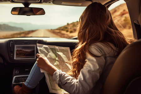 Travel, vacation and road trip. Woman traveling alone sitting in car with map, AI Generated .の素材