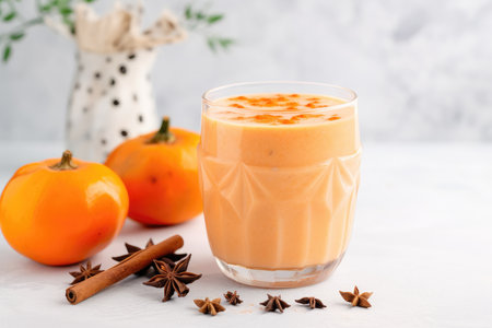 Persimmon, orange and ginger drink with yogurt and spices on marble background, AI Generatedの素材