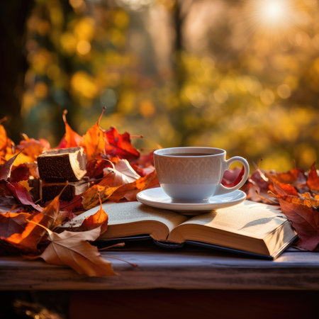 autumn mood. Cup of black tea on stack of books and autumn leaves , AI Generated .の素材