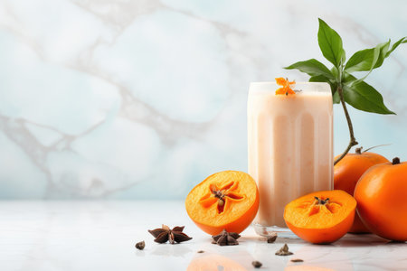Persimmon, orange and ginger drink with yogurt and spices on marble background, AI Generatedの素材