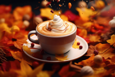 autumn drinks. Cup of fresh hot coffee with autumn leaves and plaid, top view flat lay, AI Generated.の素材