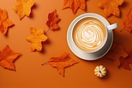 autumn drinks. Cup of fresh hot coffee with autumn leaves, top view flat lay, AI Generated.の素材