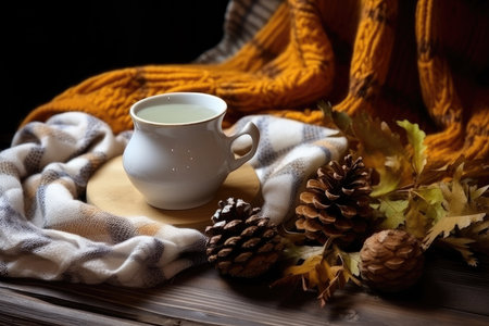 autumn drinks. Cup of fresh hot tea with autumn leaves and plaid, top view flat lay, AI Generated.の素材