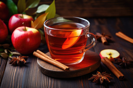 Autumn or winter tea. Lemon tea with spices on wooden background,AI Generatedの素材