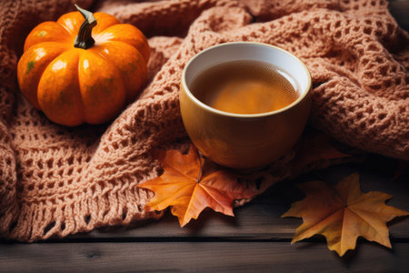 autumn drinks. Cup of fresh hot tea with autumn leaves and plaid, top view flat lay, AI Generated.の素材