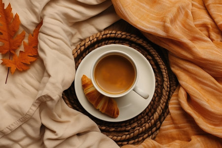 autumn drinks. Cup of fresh hot tea with autumn leaves and plaid, top view flat lay, AI Generated.の素材