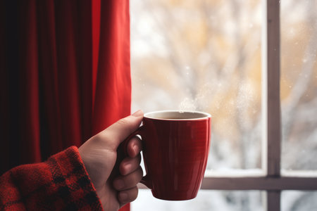 autumn drink. Hand holding Cup of hot tea on window, red plaid and curtain, rain outside. AI Generatedの素材