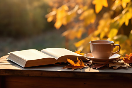 fall season. Cup of hot tea and book in the park, autumn leaves , AI Generatedの素材