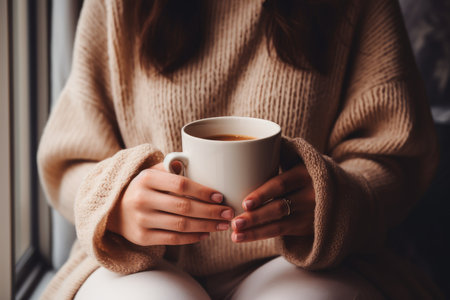 autumn season. Unrecognizable woman in cozy sweater holding cup with hot coffee, AI Generatedの素材