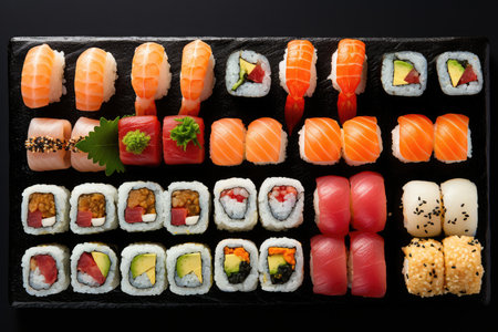 minimal food. Sushi rolls on black background, AI Generated. high quality photoの素材