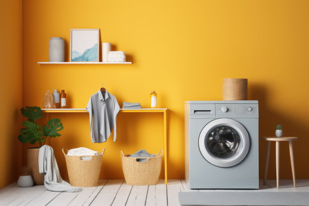 Washing machine in room interior, natural light from the window, AI Generated. high quality illustrationの素材