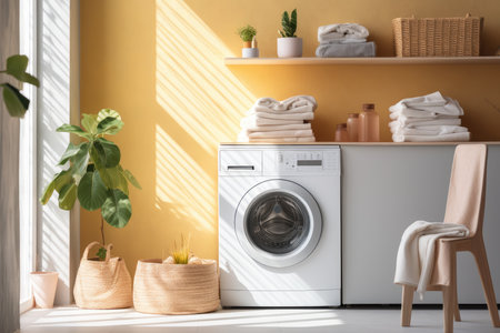 Washing machine in room interior, natural light from the window, AI Generated. high quality illustrationの素材