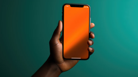 Hand holding smartphone with blank screen, mockup design on green background, AI Generatedの素材