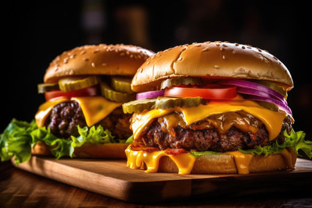 Tasty beef burger on black background, AI Generativeの素材