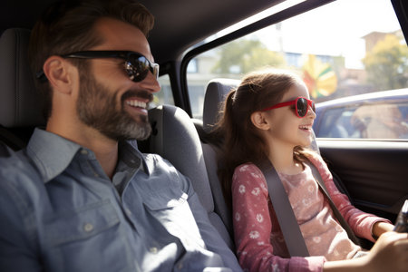 Road trip and vacation. Happy family of father and children in car driving on road, having road trip. AI Generativeの素材